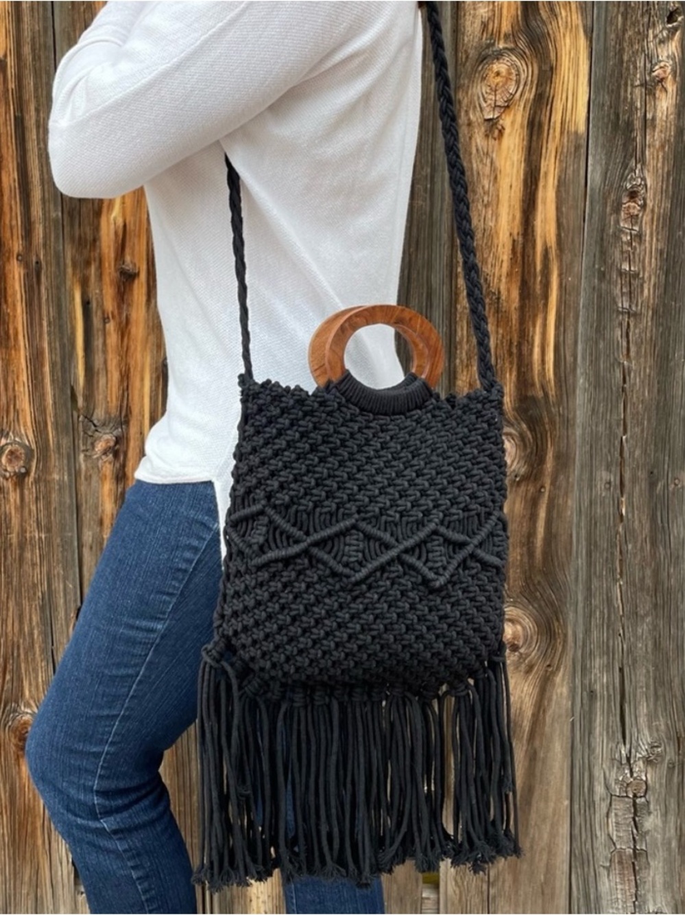 Danielle Nicole Boho Black Macrame Shoulder Bag Purse Wood Handle Long Fringe